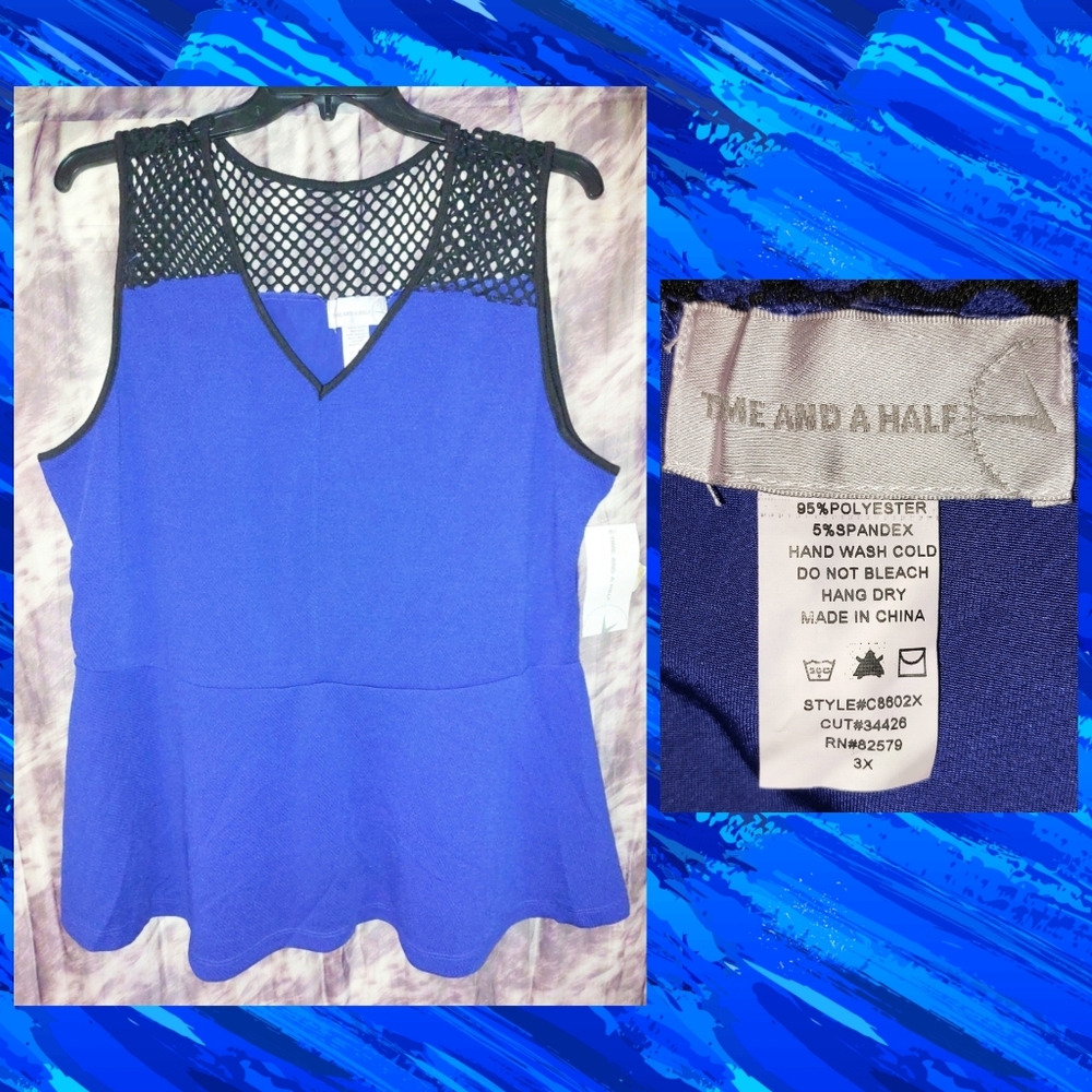 Time & A Half brand Dk Royal Blue w/Black Mesh Soft Knit Peplum Top Jrs Plus 3X
